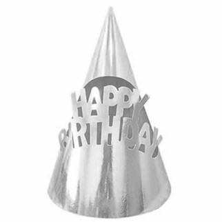 Gümüş Happy Birthday Külah Şapka 6 Adet